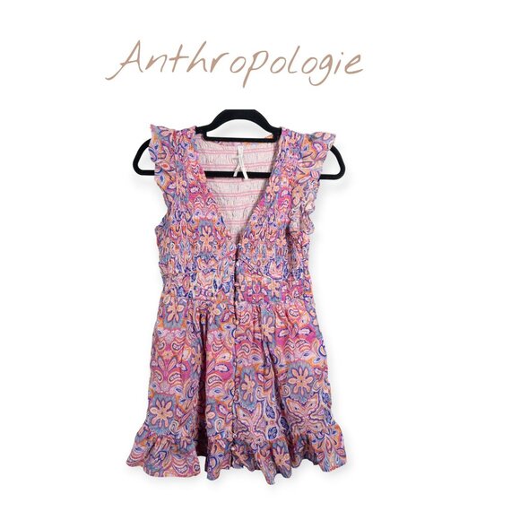 Anthropologie Peregrine Paisley Mini Dress Ruffle Sleeves Pink & Purple SZ SP Bo - Picture 1 of 8